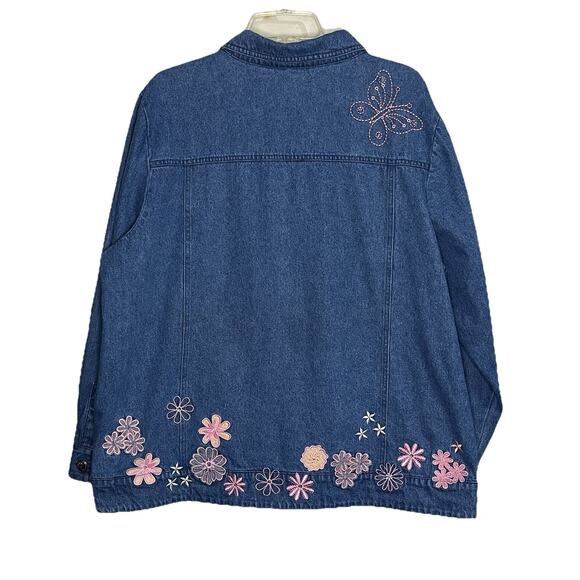 Vintage Denim Womens XL Jacket Pink Embroidered Flowers Butterflies Toffee Apple - Picture 2 of 10